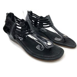 Donald J Pliner‎ Womens Ankle Cuff Sandals Black Thong Wedge Heel Zip Back 7.5 M